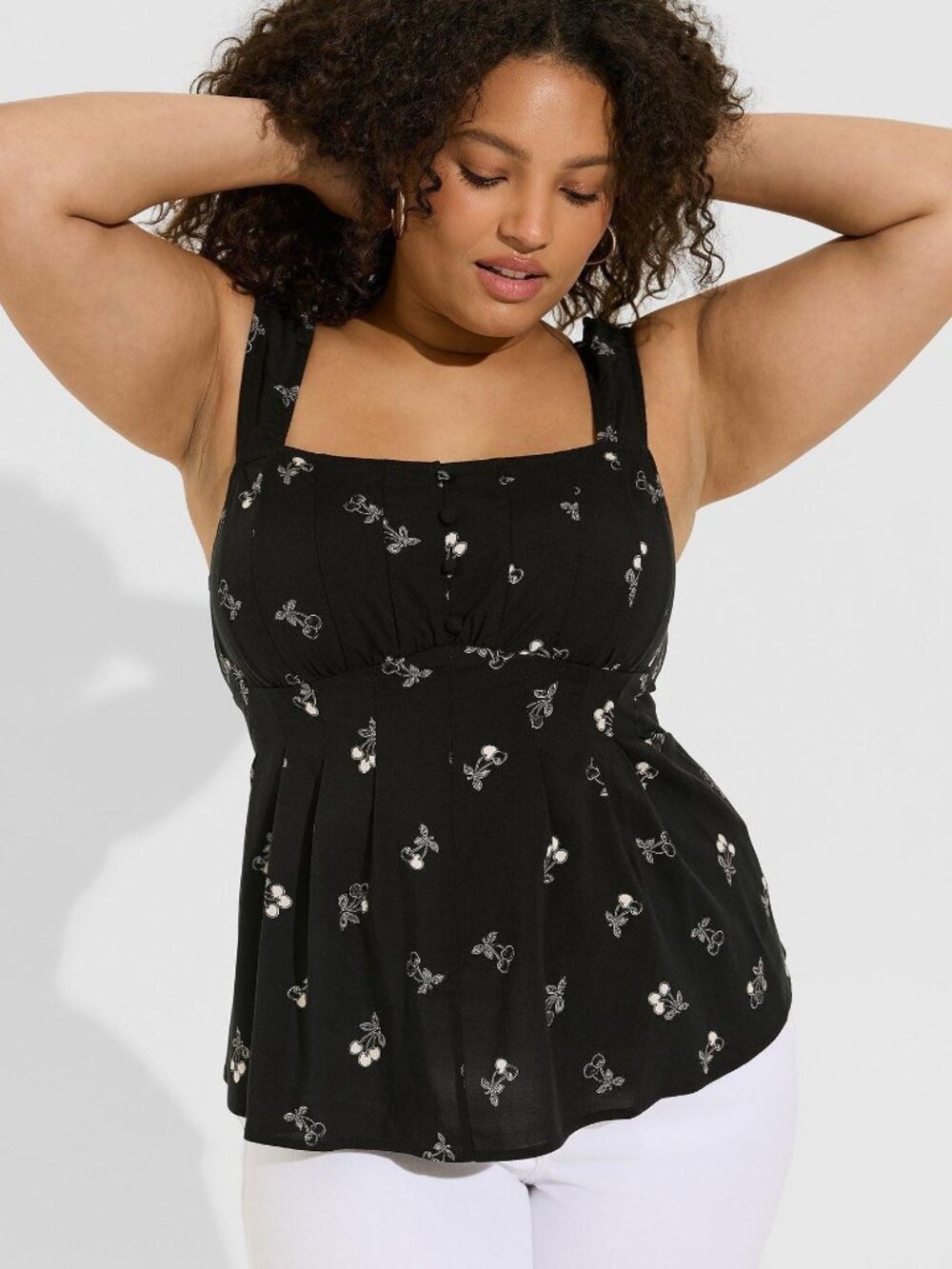 Embroidered Black Sleeveless Tank with Wide Ruched Straps